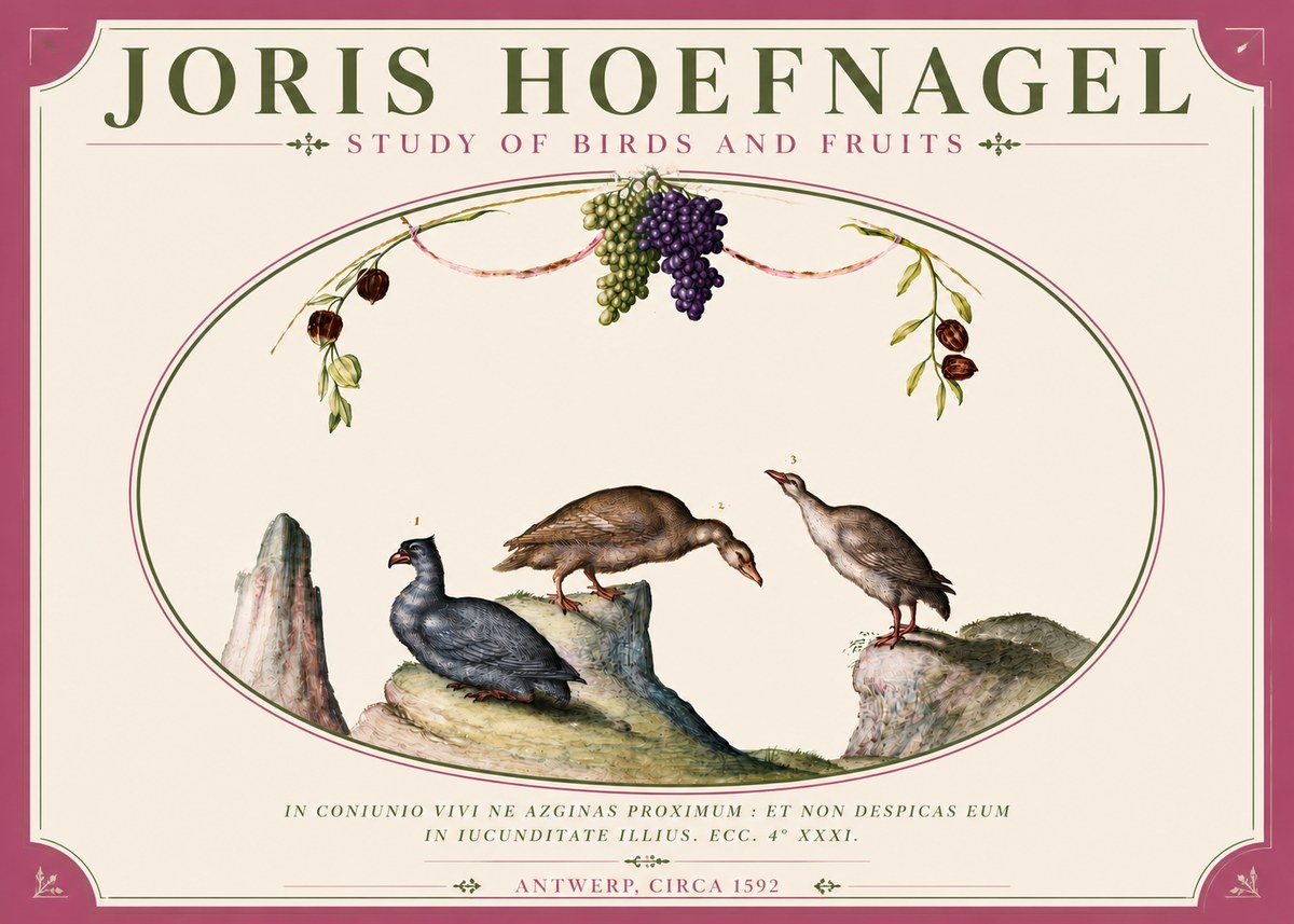 Joris Hoefnagel Three Birds with Grapes and Inscription No6 - Poszter