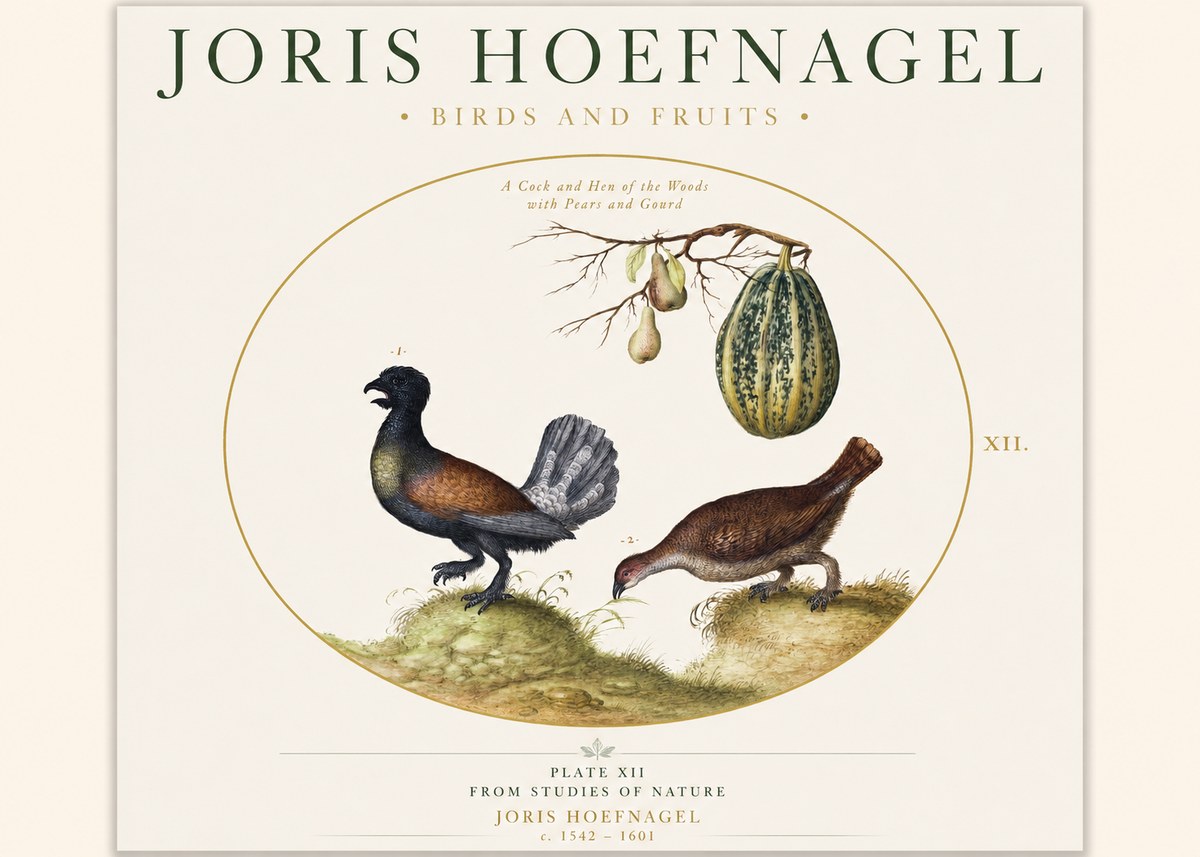 Joris Hoefnagel A Cock and Hen of the Woods with Pears and Gourd No1 - Poszter