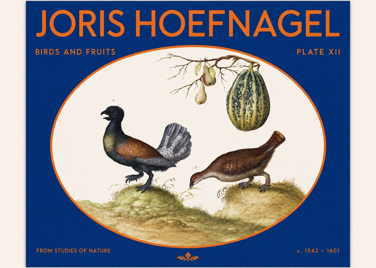 Joris Hoefnagel A Cock and Hen of the Woods with Pears and Gourd No2 - Poszter