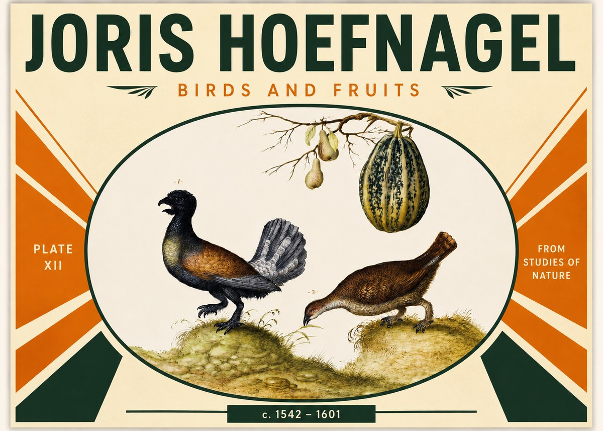 Joris Hoefnagel A Cock and Hen of the Woods with Pears and Gourd No3 - Poszter