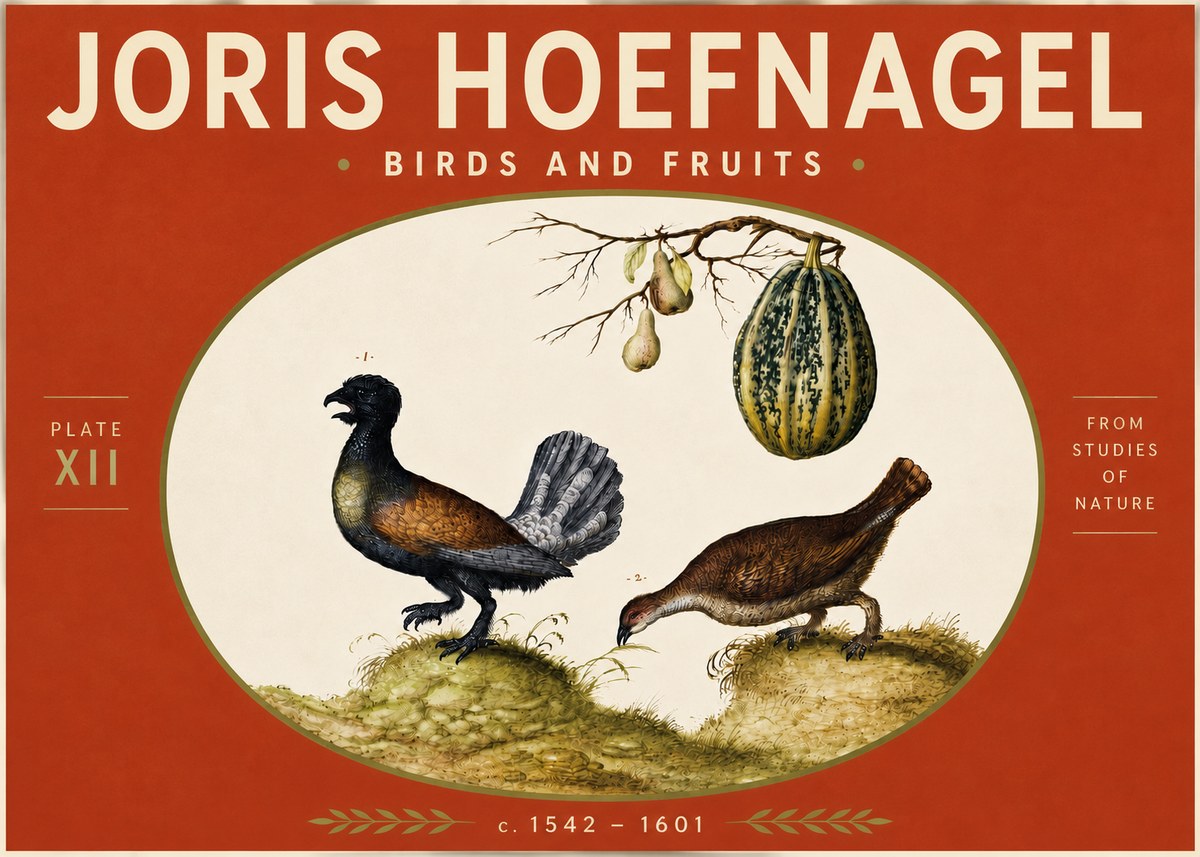 Joris Hoefnagel A Cock and Hen of the Woods with Pears and Gourd No5 - Poszter