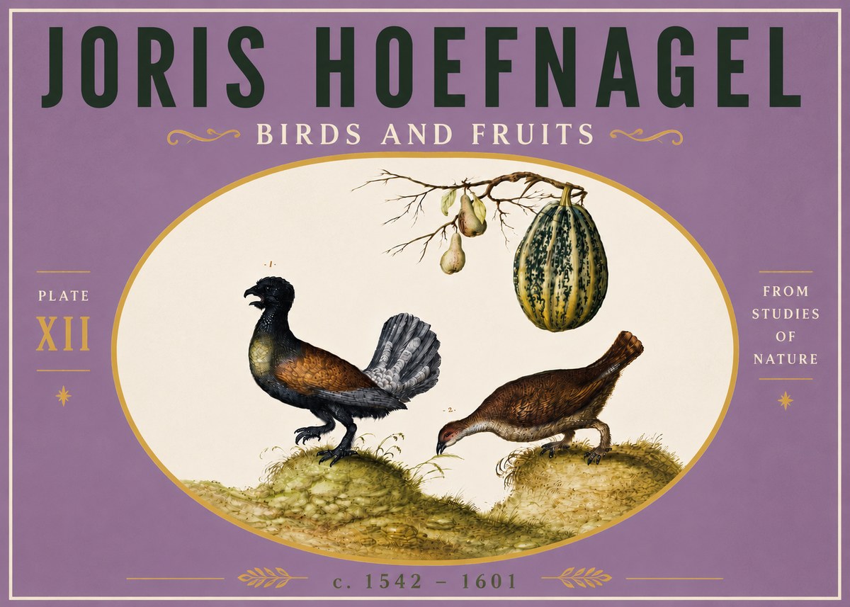 Joris Hoefnagel A Cock and Hen of the Woods with Pears and Gourd No6 - Poszter
