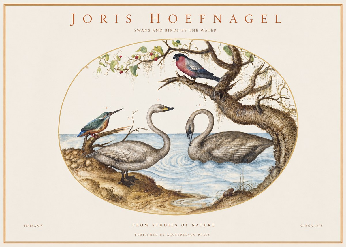 Joris Hoefnagel Swans and Birds by the Water No1 - Poszter