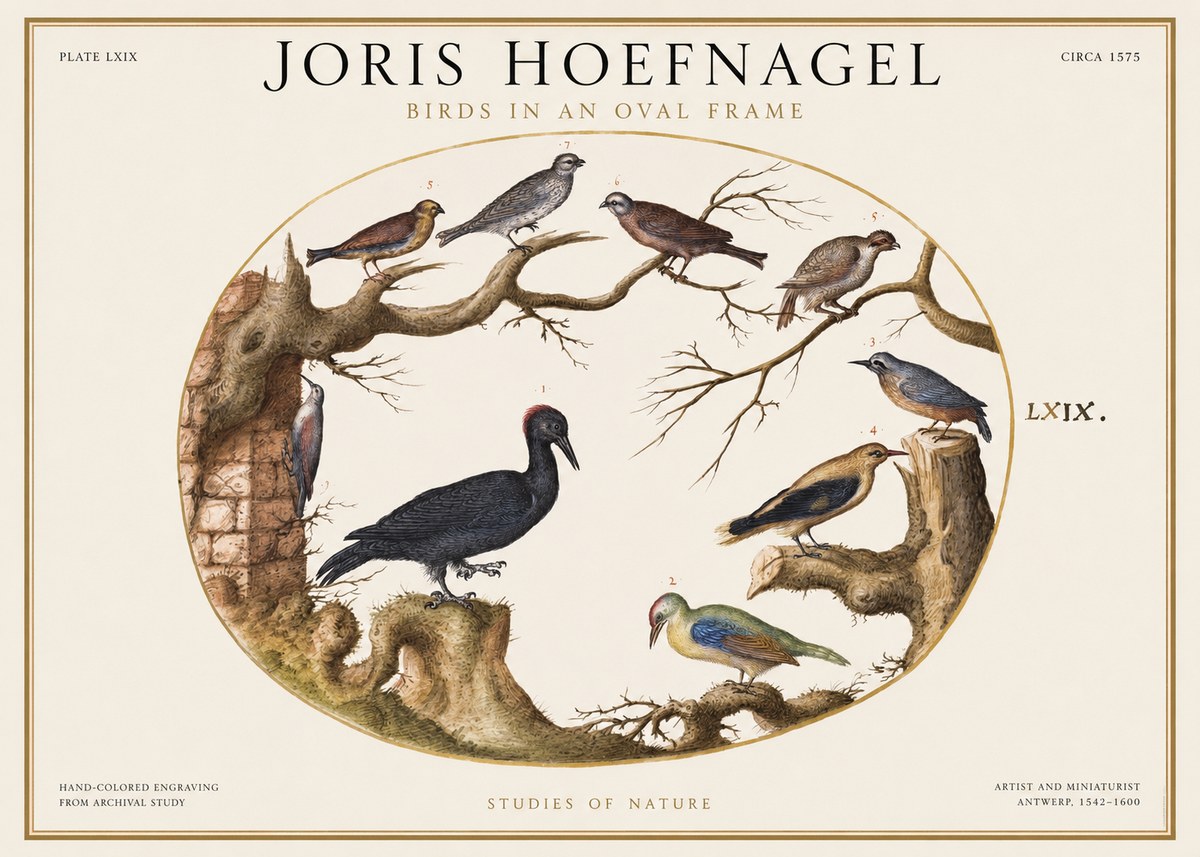 Joris Hoefnagel Birds in an Oval Frame No1 - Poszter