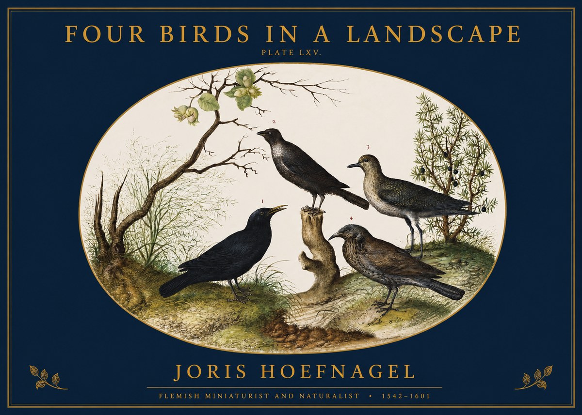 Joris Hoefnagel Four Birds in a Landscape No2 - Poszter