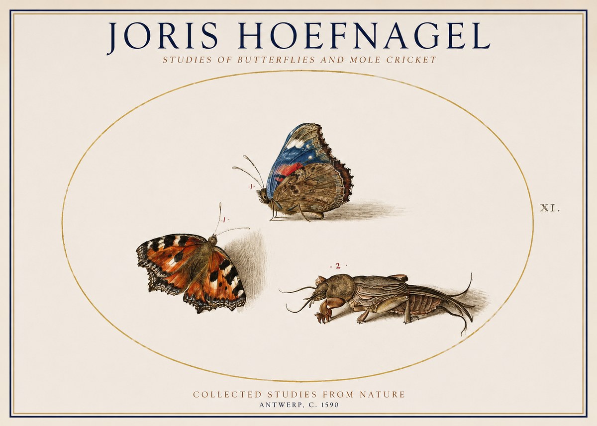 Joris Hoefnagel Studies of Butterflies and Mole Cricket No1 - Poszter