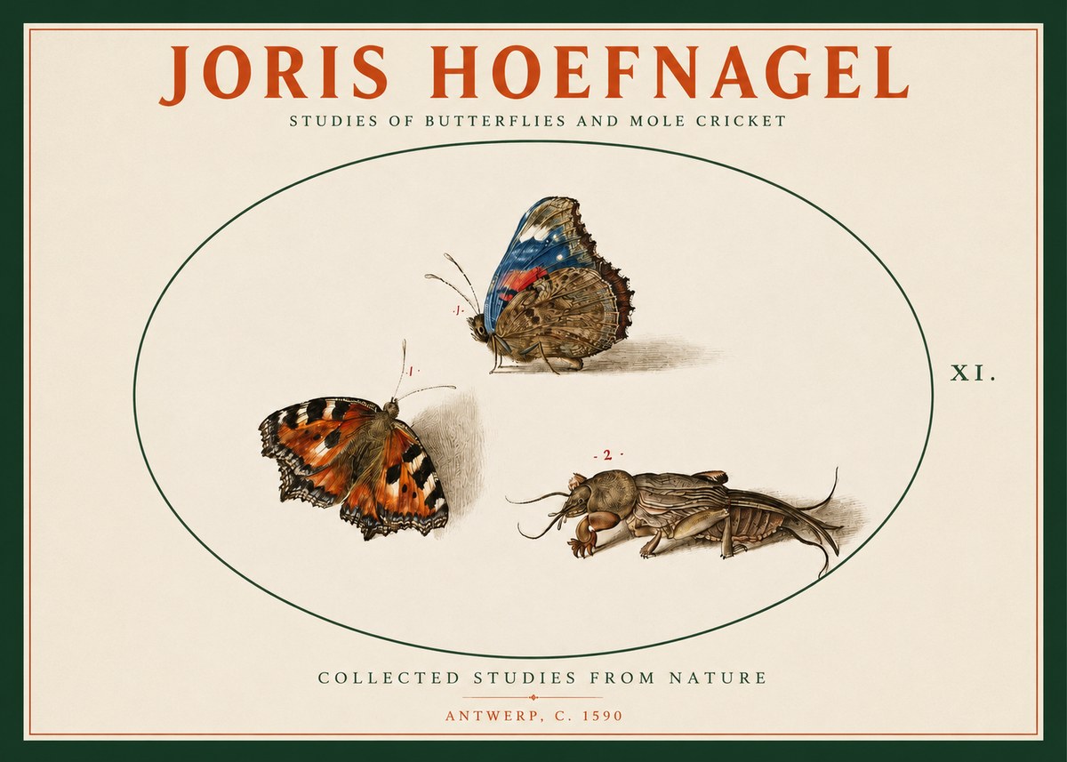 Joris Hoefnagel Studies of Butterflies and Mole Cricket No2 - Poszter