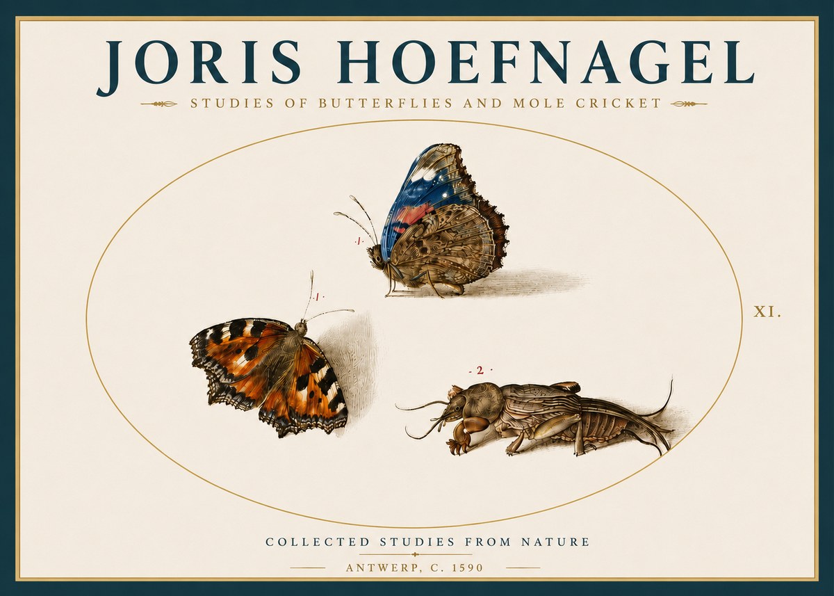 Joris Hoefnagel Studies of Butterflies and Mole Cricket No4 - Poszter