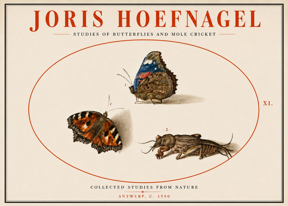 Joris Hoefnagel Studies of Butterflies and Mole Cricket No5 - Poszter