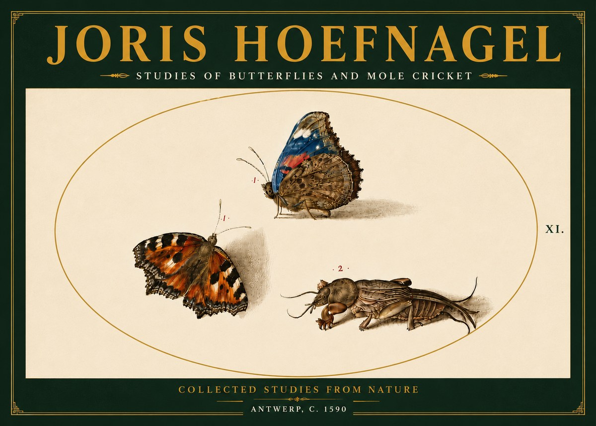 Joris Hoefnagel Studies of Butterflies and Mole Cricket No6 - Poszter