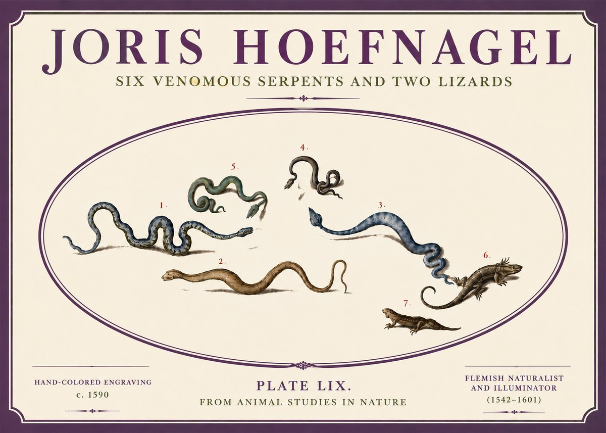 Joris Hoefnagel Six Venomous Serpents and Two Lizards No6 - Poszter