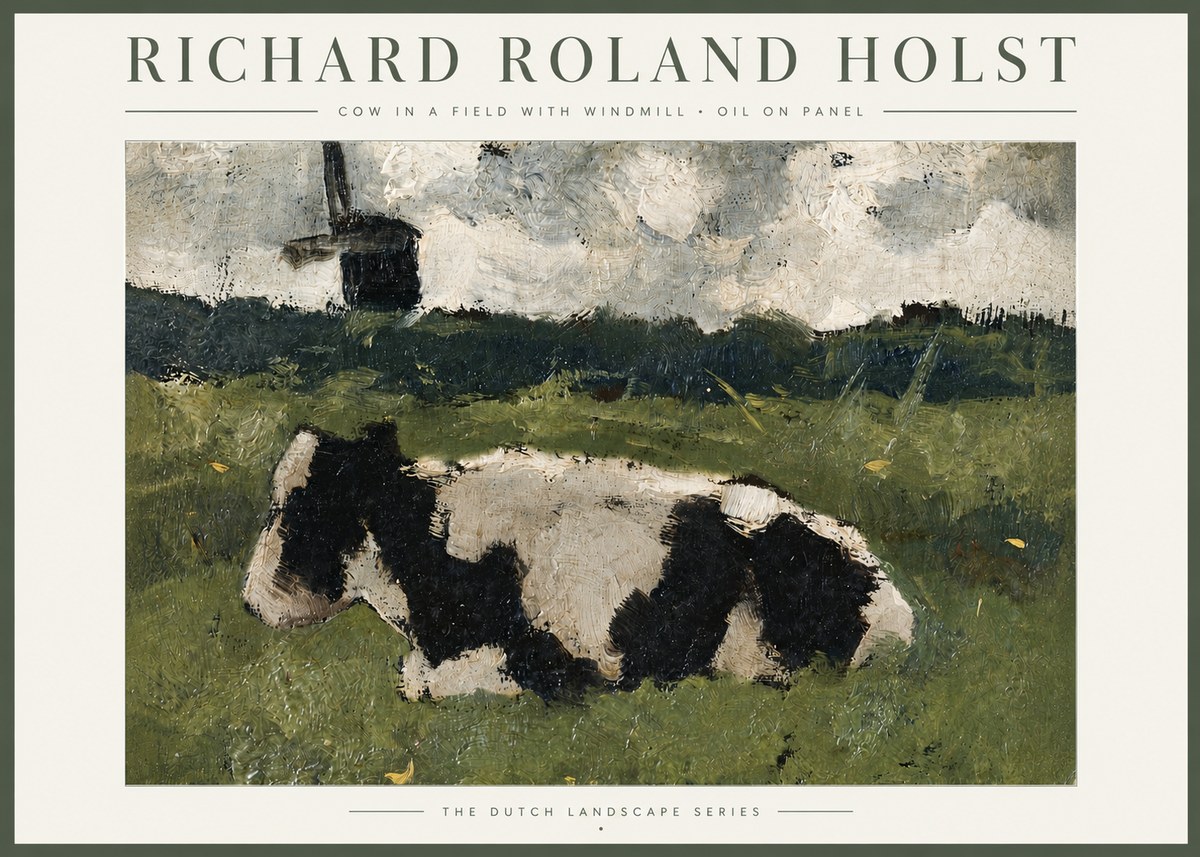 Richard Roland Holst Cow in a Field with Windmill No4 - Poszter