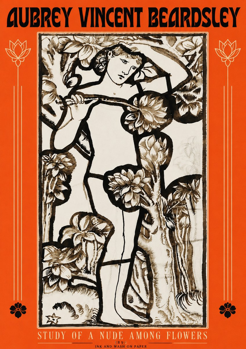 Aubrey Beardsley Study of a Nude Among Flowers No3 - Poszter