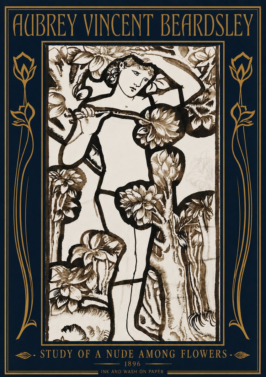 Aubrey Beardsley Study of a Nude Among Flowers No4 - Poszter