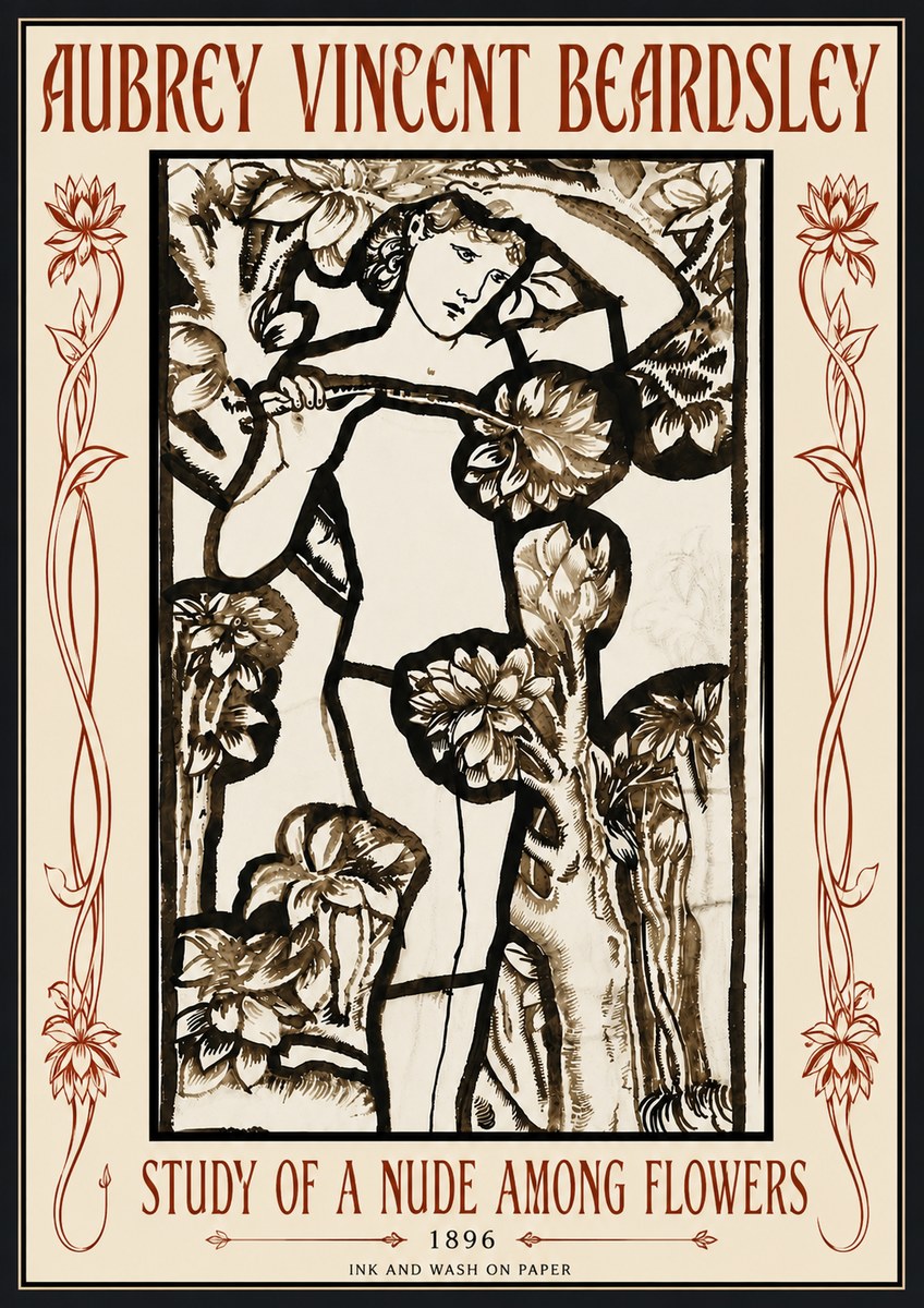 Aubrey Beardsley Study of a Nude Among Flowers No6 - Poszter