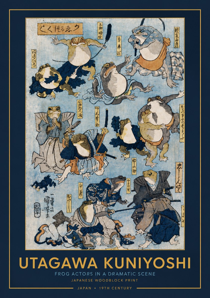 Utagawa Kuniyoshi Frog Actors in a Dramatic Scene No3 - Poszter
