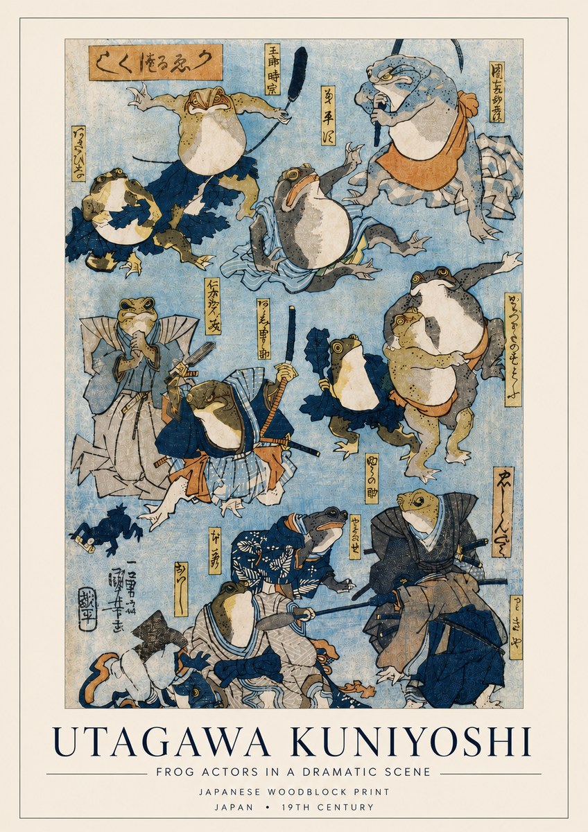 Utagawa Kuniyoshi Frog Actors in a Dramatic Scene No4 - Poszter