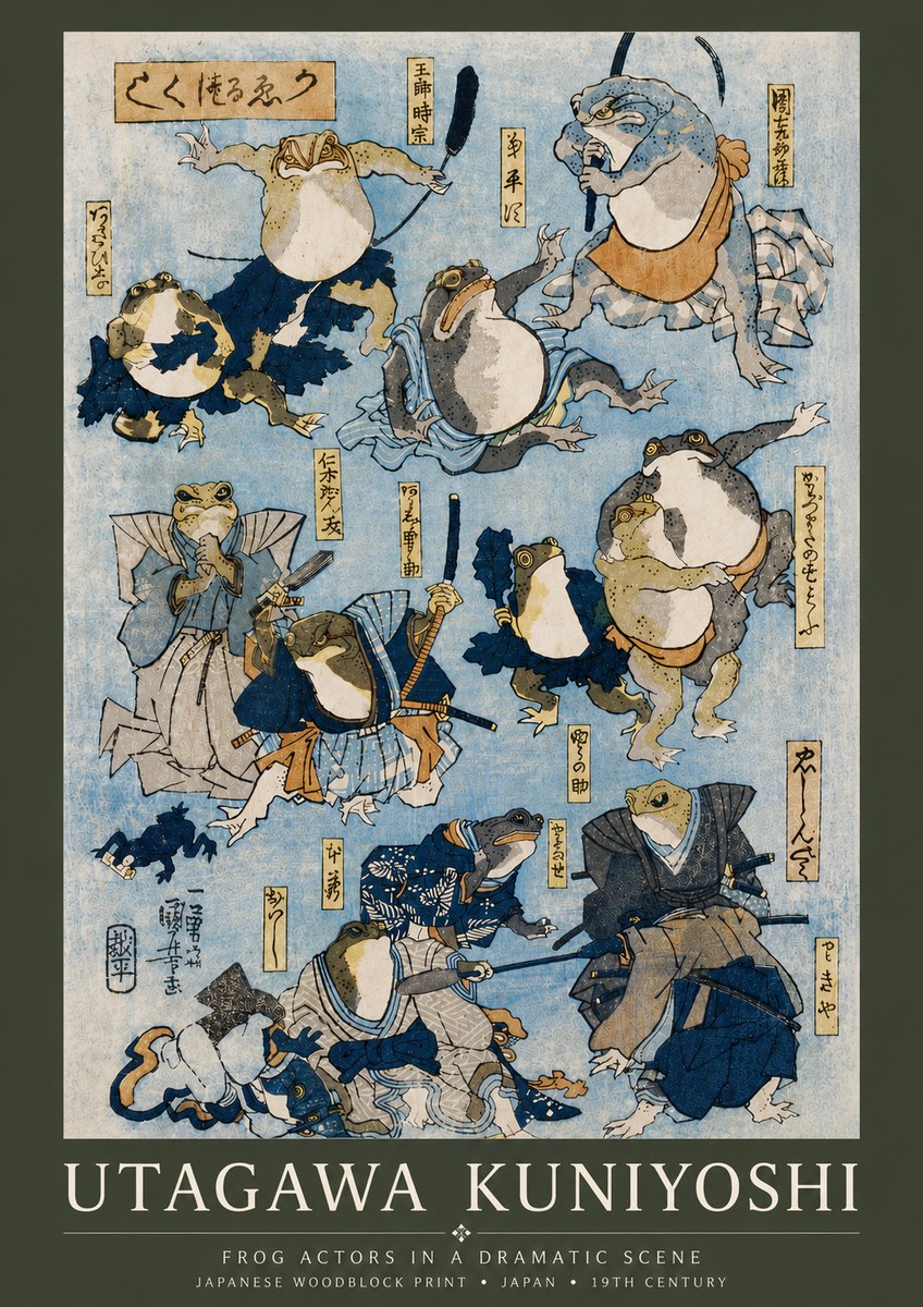 Utagawa Kuniyoshi Frog Actors in a Dramatic Scene No6 - Poszter