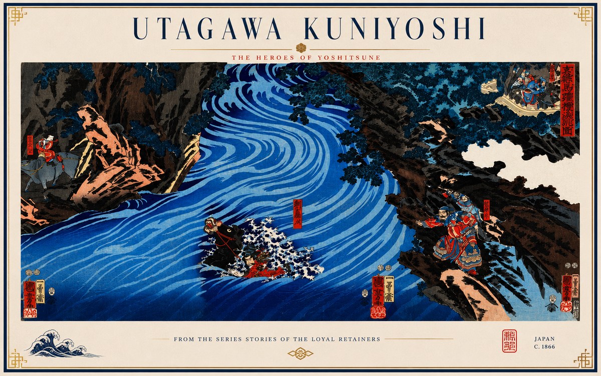 Utagawa Kuniyoshi The Heroes of Yoshitsune No3 - Poszter