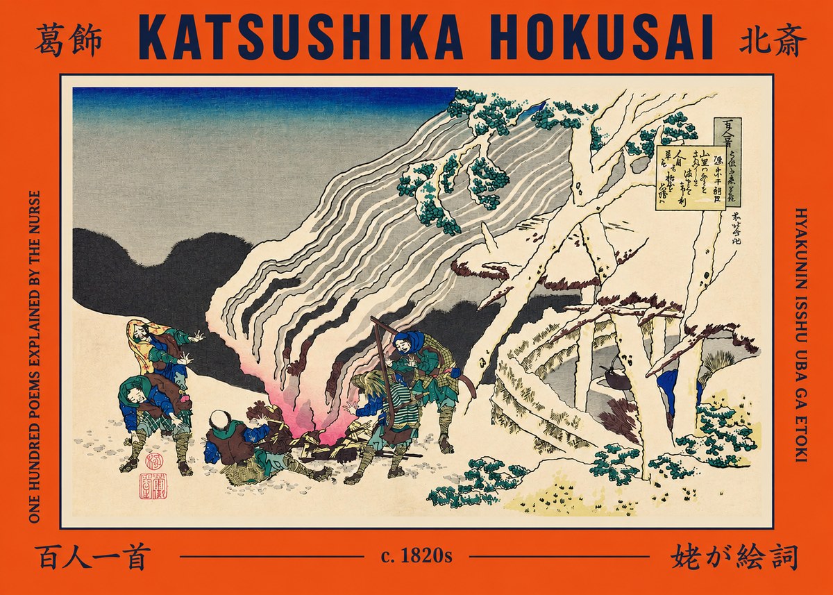 Katsushika Hokusai One Hundred Poems Explained by the Nurse (Hyakunin Isshu Uba Ga Etoki) No2 - Poszter