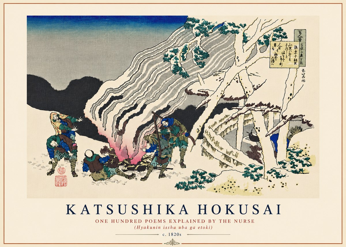 Katsushika Hokusai One Hundred Poems Explained by the Nurse (Hyakunin Isshu Uba Ga Etoki) No8 - Poszter