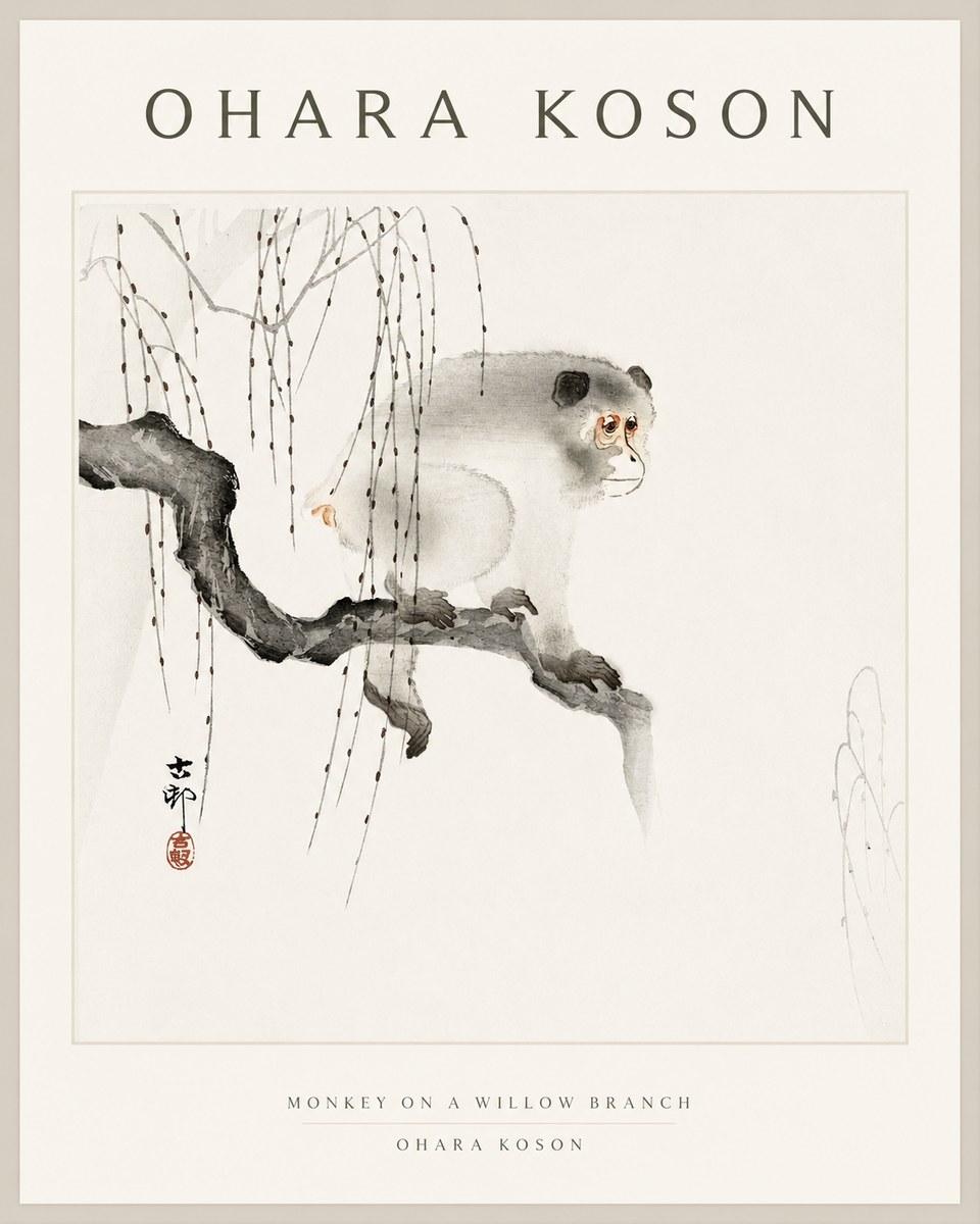 Ohara Koson Monkey on a Willow Branch No1 - Poszter