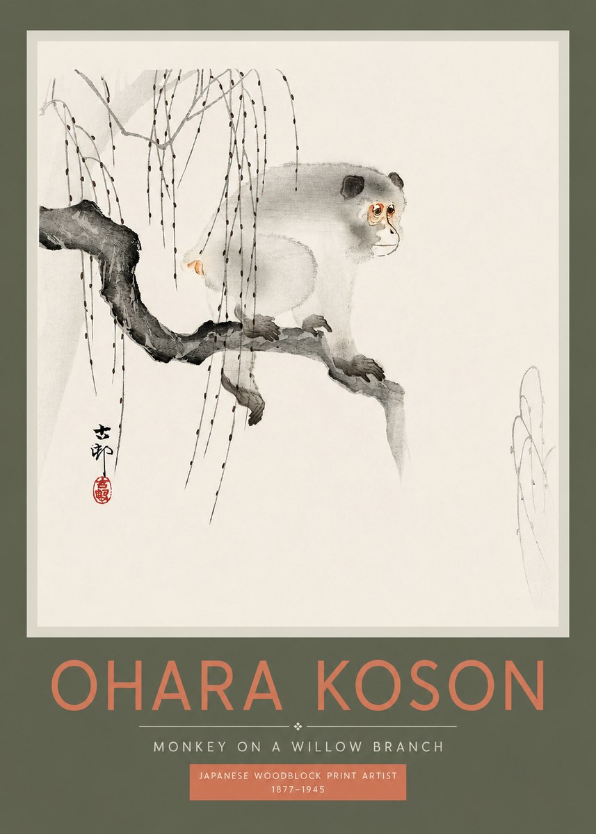 Ohara Koson Monkey on a Willow Branch No2 - Poszter