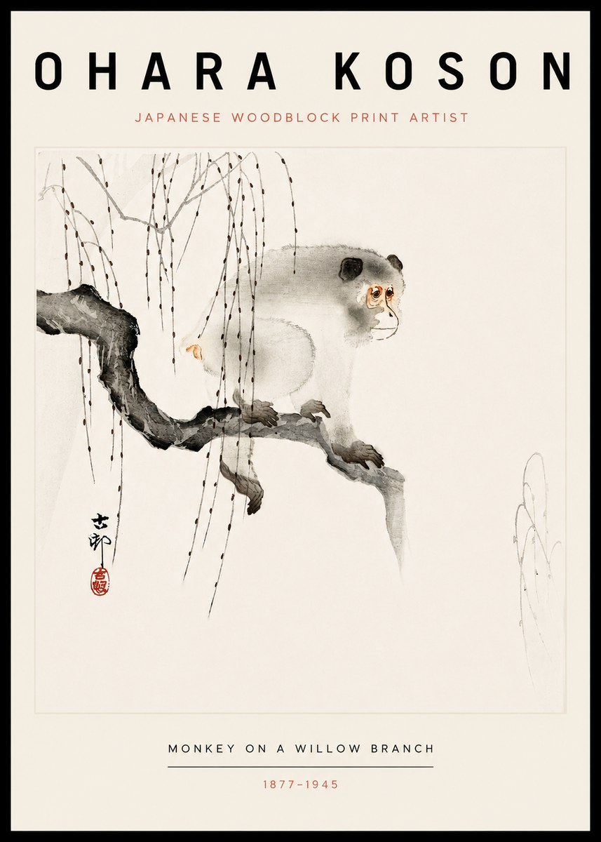 Ohara Koson Monkey on a Willow Branch No3 - Poszter