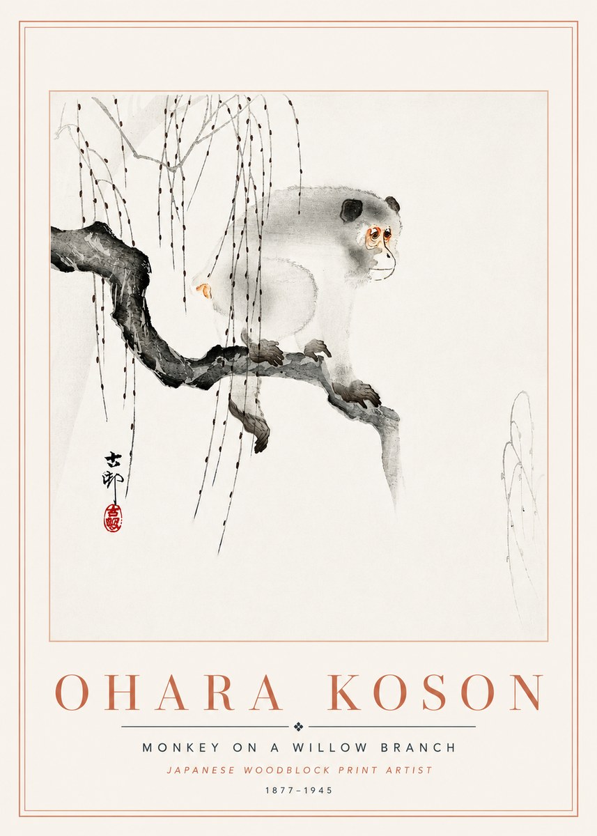 Ohara Koson Monkey on a Willow Branch No6 - Poszter