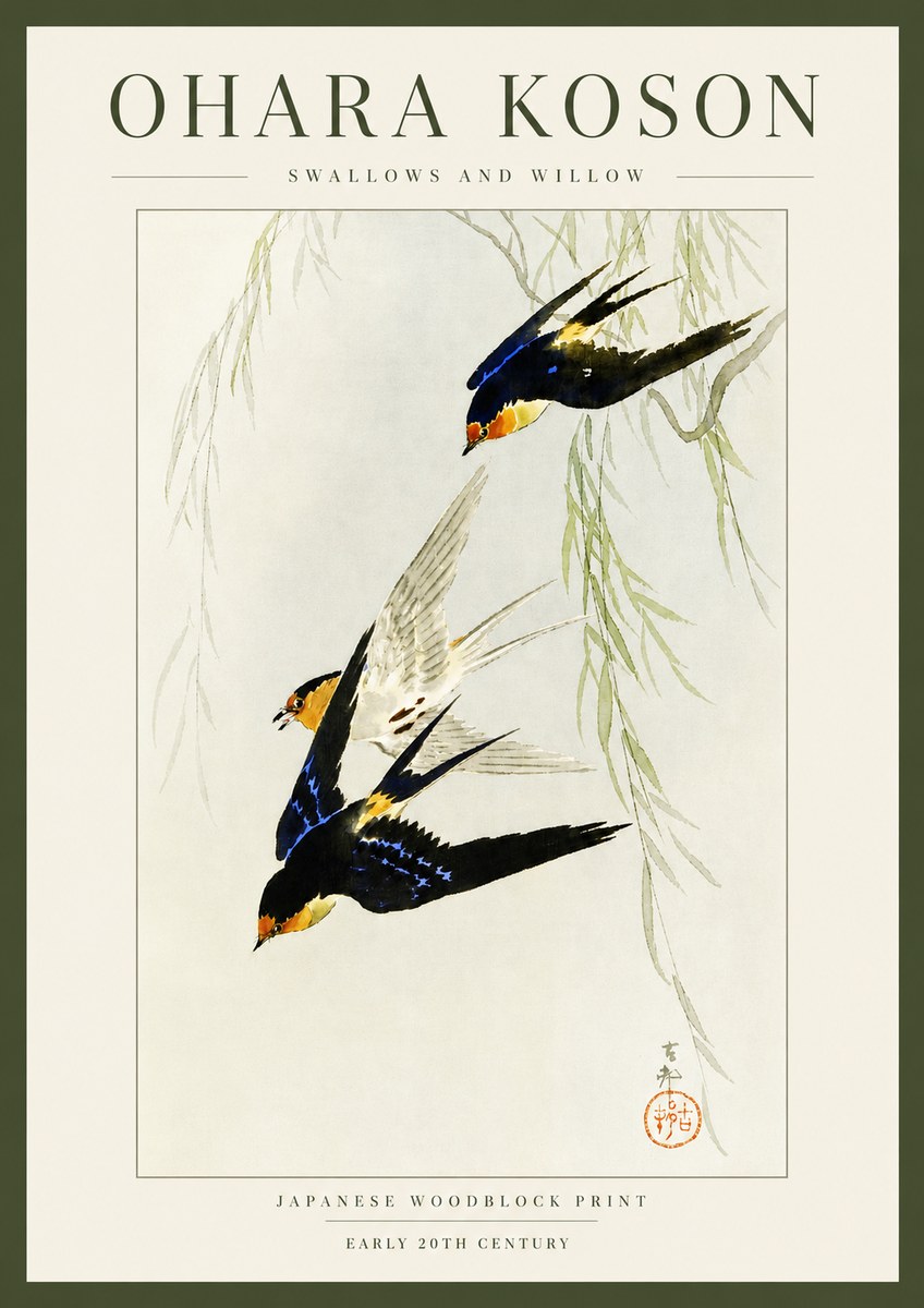 Ohara Koson Swallows and Willow I No3 - Poszter