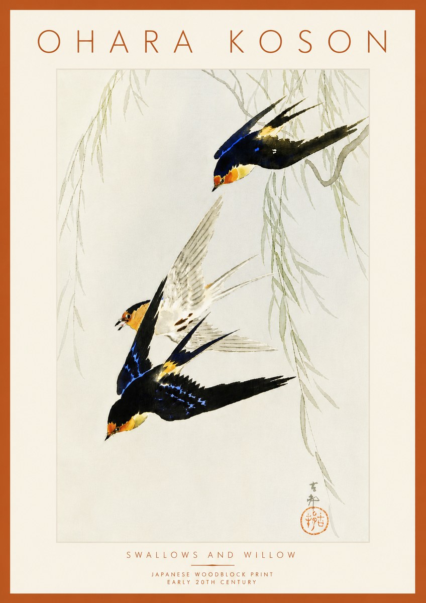 Ohara Koson Swallows and Willow I No6 - Poszter