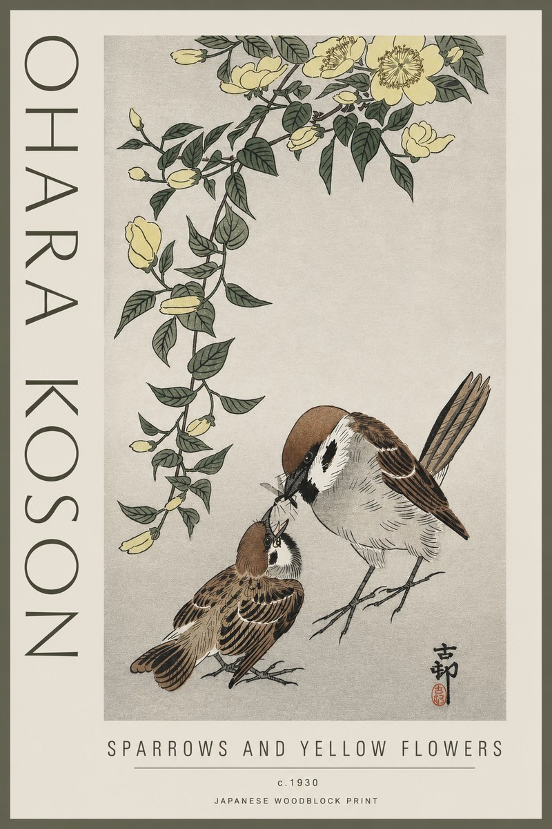 Ohara Koson Sparrows and Yellow Flowers No3 - Poszter