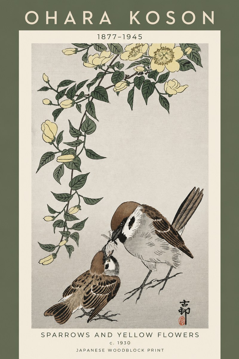 Ohara Koson Sparrows and Yellow Flowers No5 - Poszter