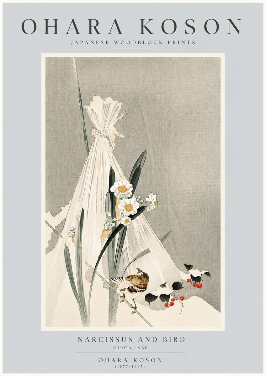 Ohara Koson Narcissus and Bird No6 - Poszter