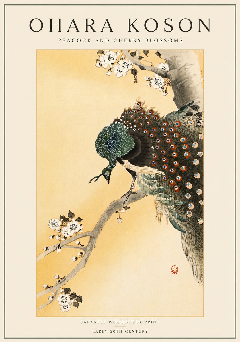 Ohara Koson Peacock and Cherry Blossoms No4 - Poszter
