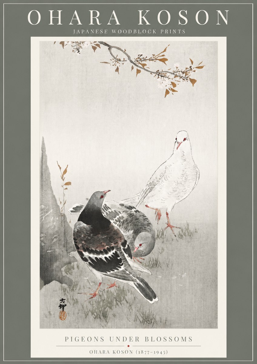 Ohara Koson Pigeons Under Blossoms No2 - Poszter