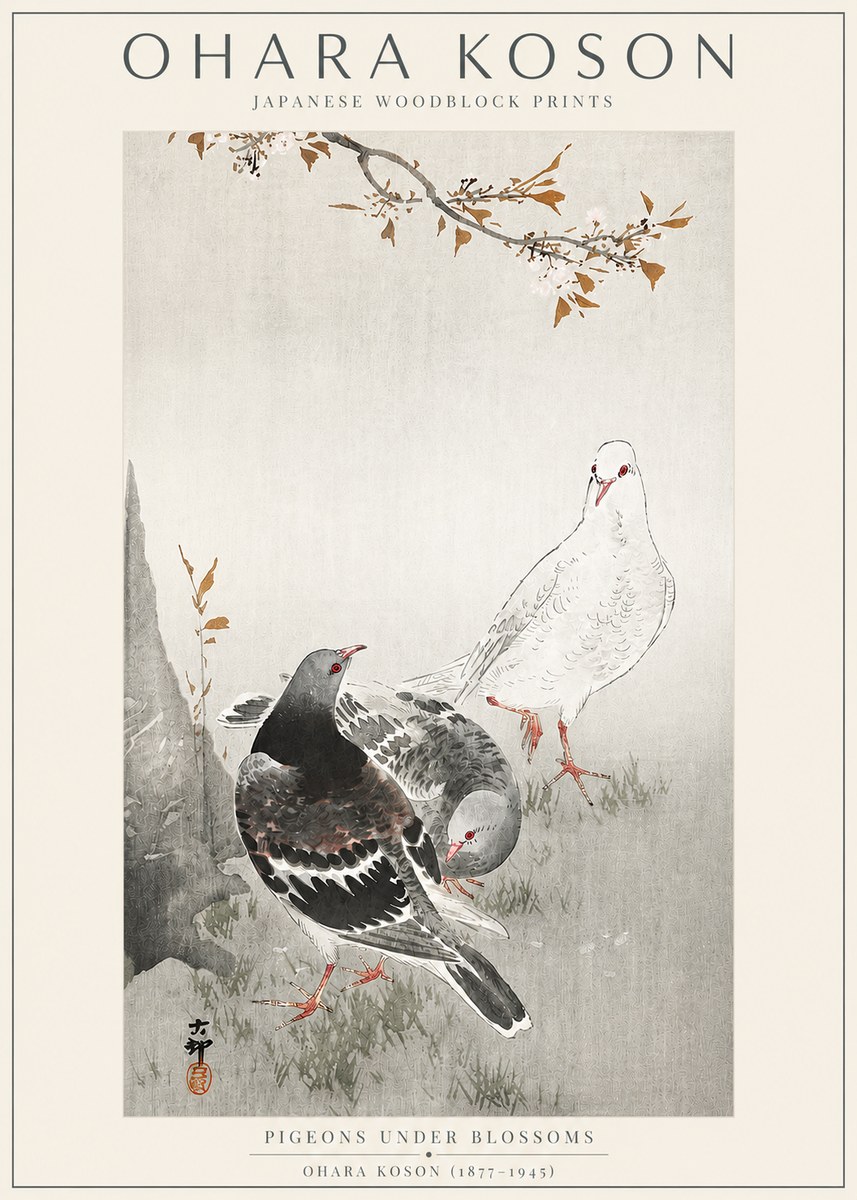 Ohara Koson Pigeons Under Blossoms No3 - Poszter