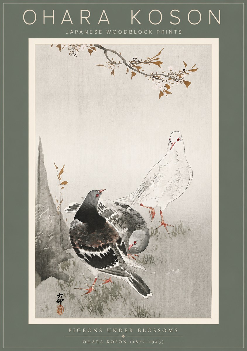 Ohara Koson Pigeons Under Blossoms No5 - Poszter