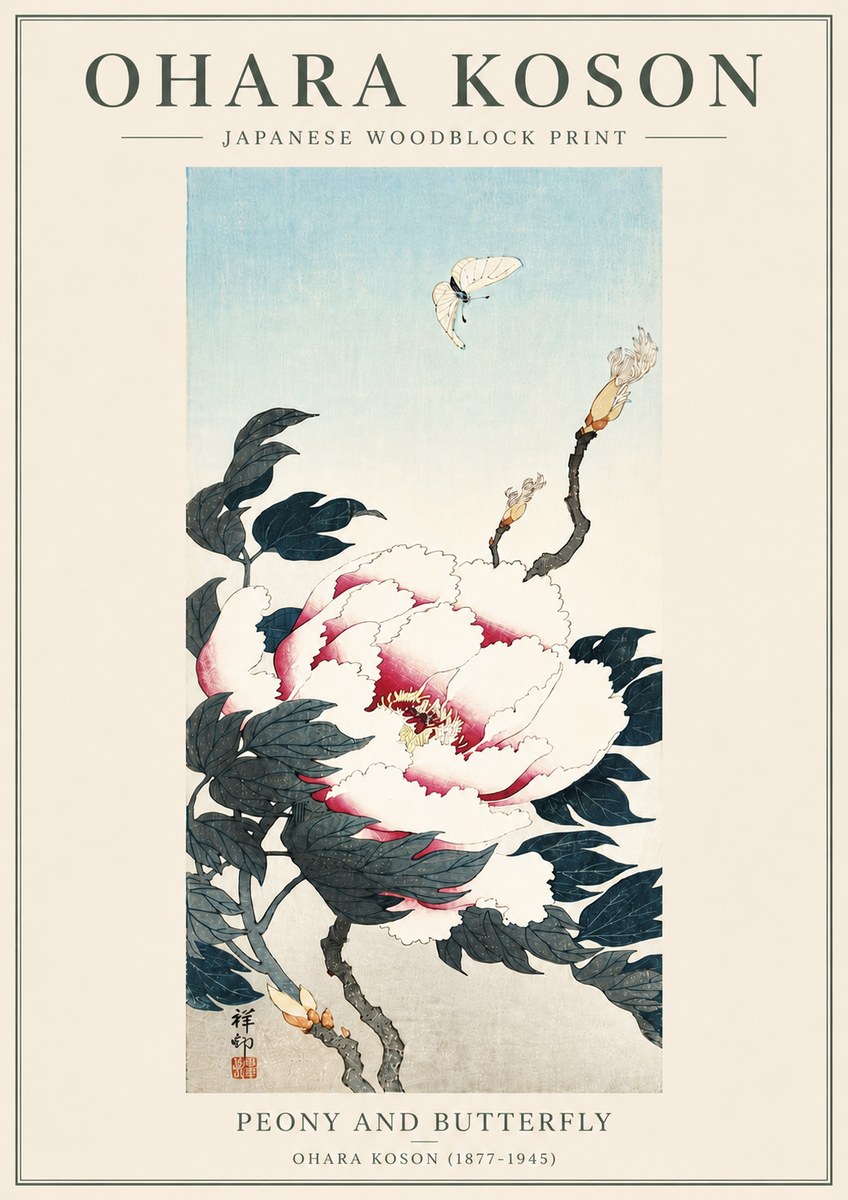 Ohara Koson Peony and Butterfly No5 - Poszter