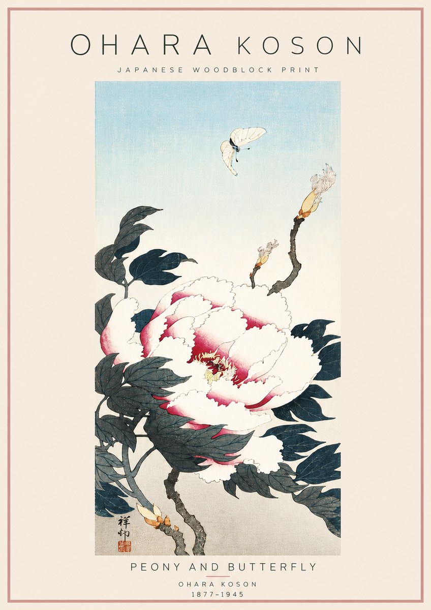 Ohara Koson Peony and Butterfly No6 - Poszter