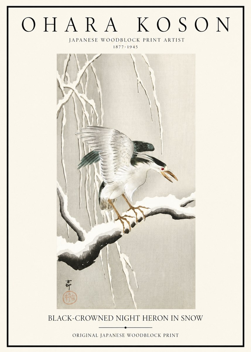 Ohara Koson Black-crowned Night Heron in Snow No1 - Poszter
