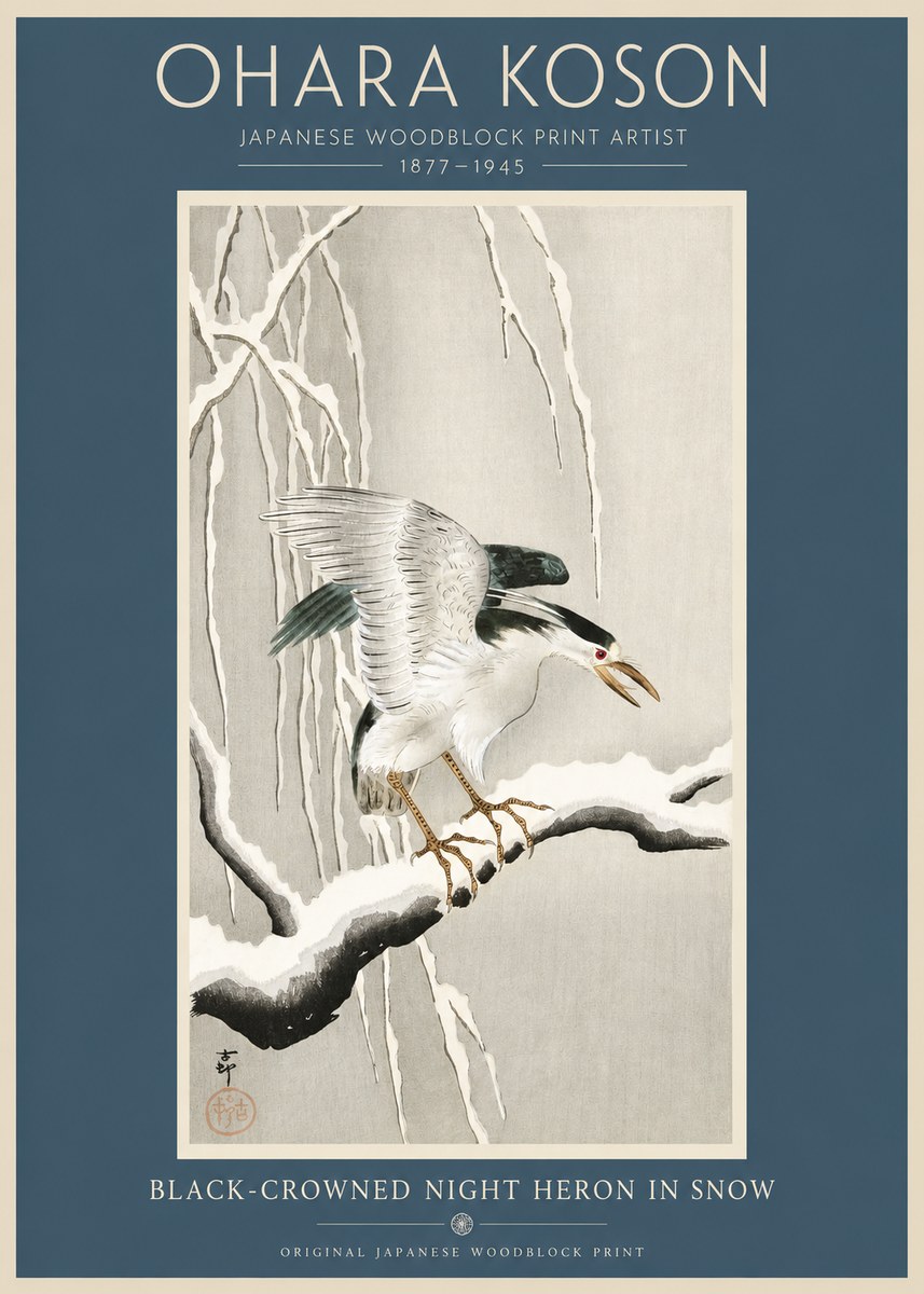 Ohara Koson Black-crowned Night Heron in Snow No2 - Poszter