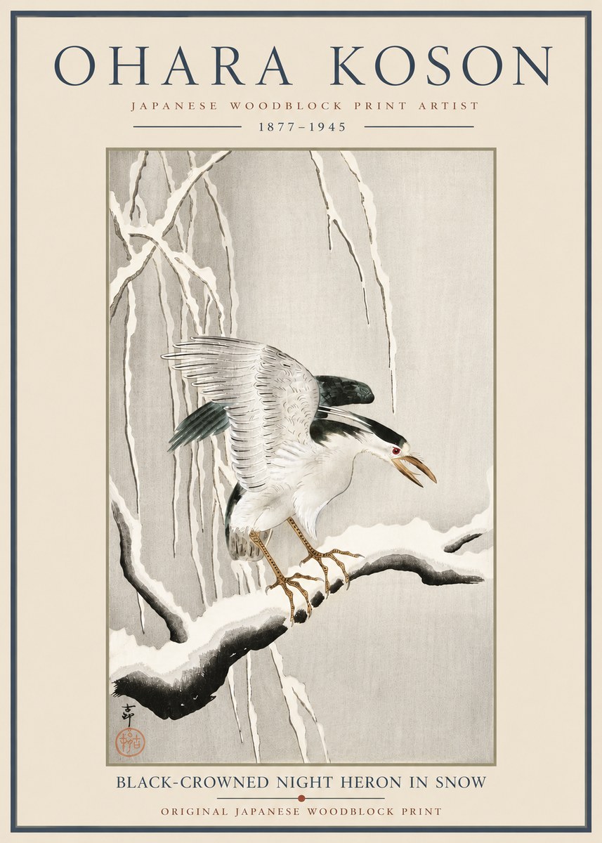 Ohara Koson Black-crowned Night Heron in Snow No6 - Poszter