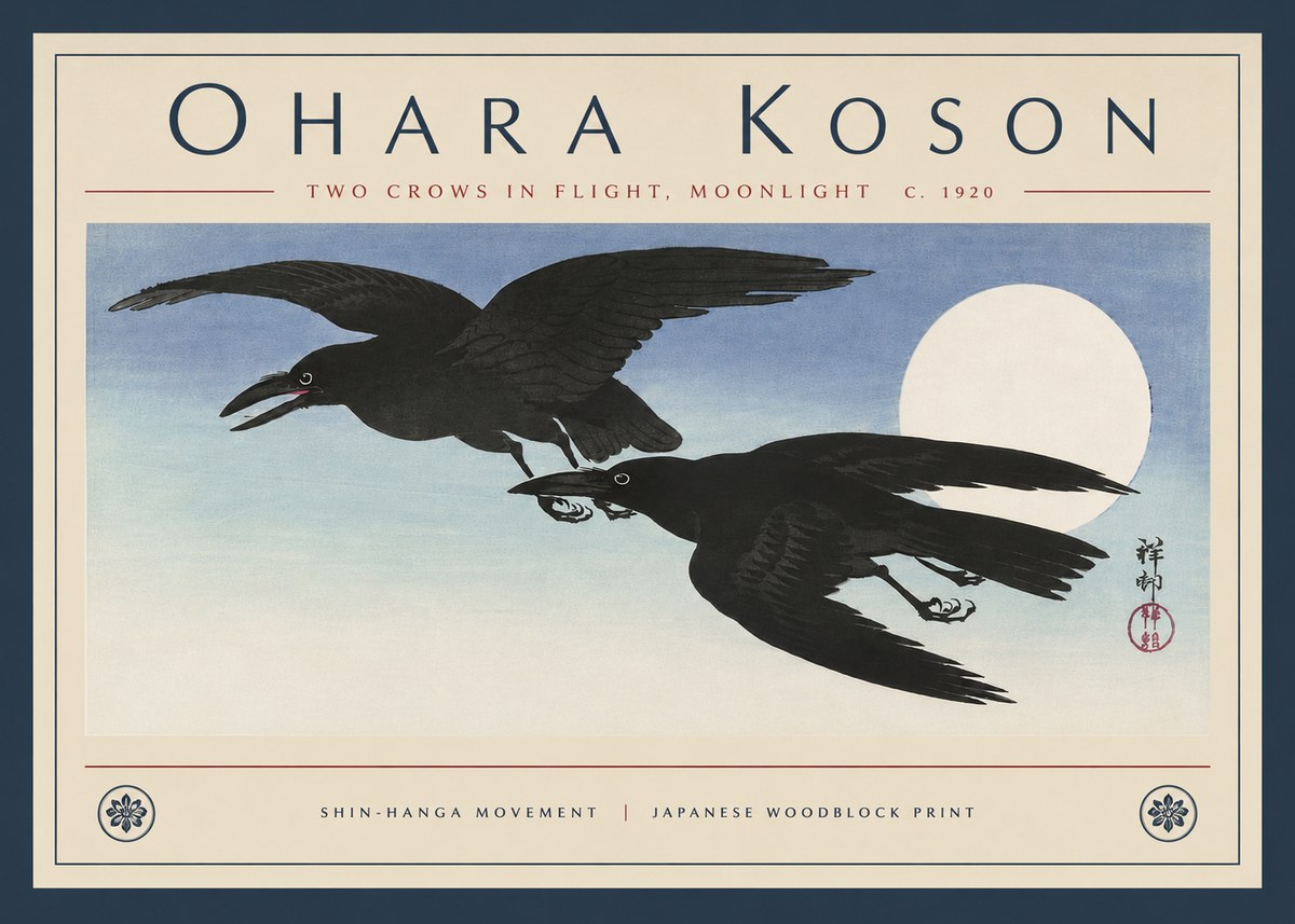 Ohara Koson Two Crows in Flight, Moonlight No4 - Poszter