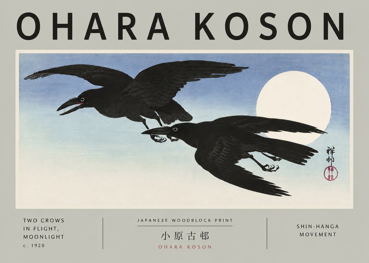 Ohara Koson Two Crows in Flight, Moonlight No5 - Poszter