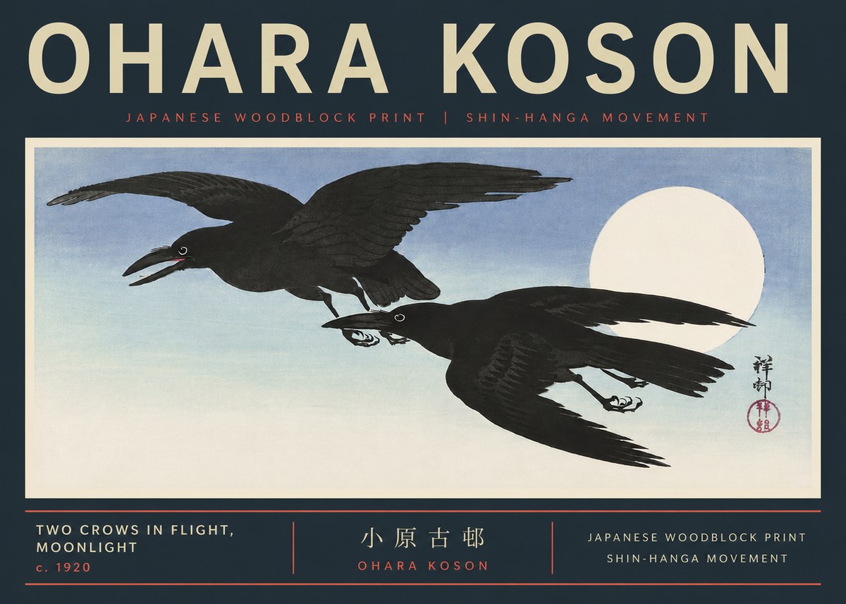 Ohara Koson Two Crows in Flight, Moonlight No6 - Poszter