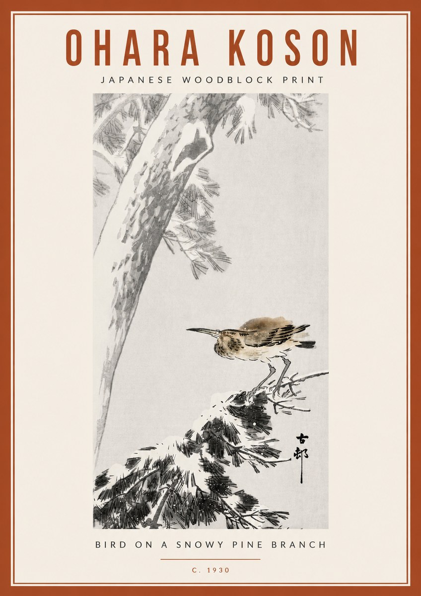 Ohara Koson Bird on a Snowy Pine Branch No6 - Poszter