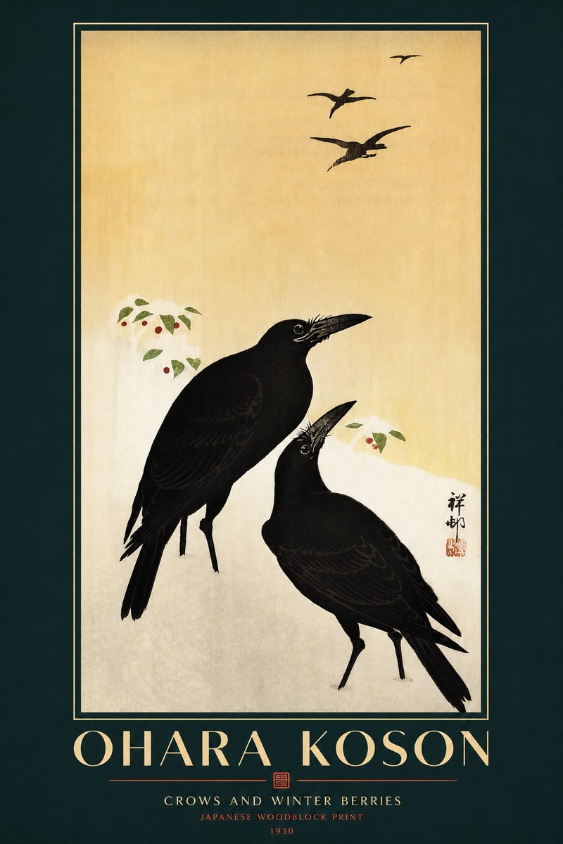 Ohara Koson Crows and Winter Berries No3 - Poszter