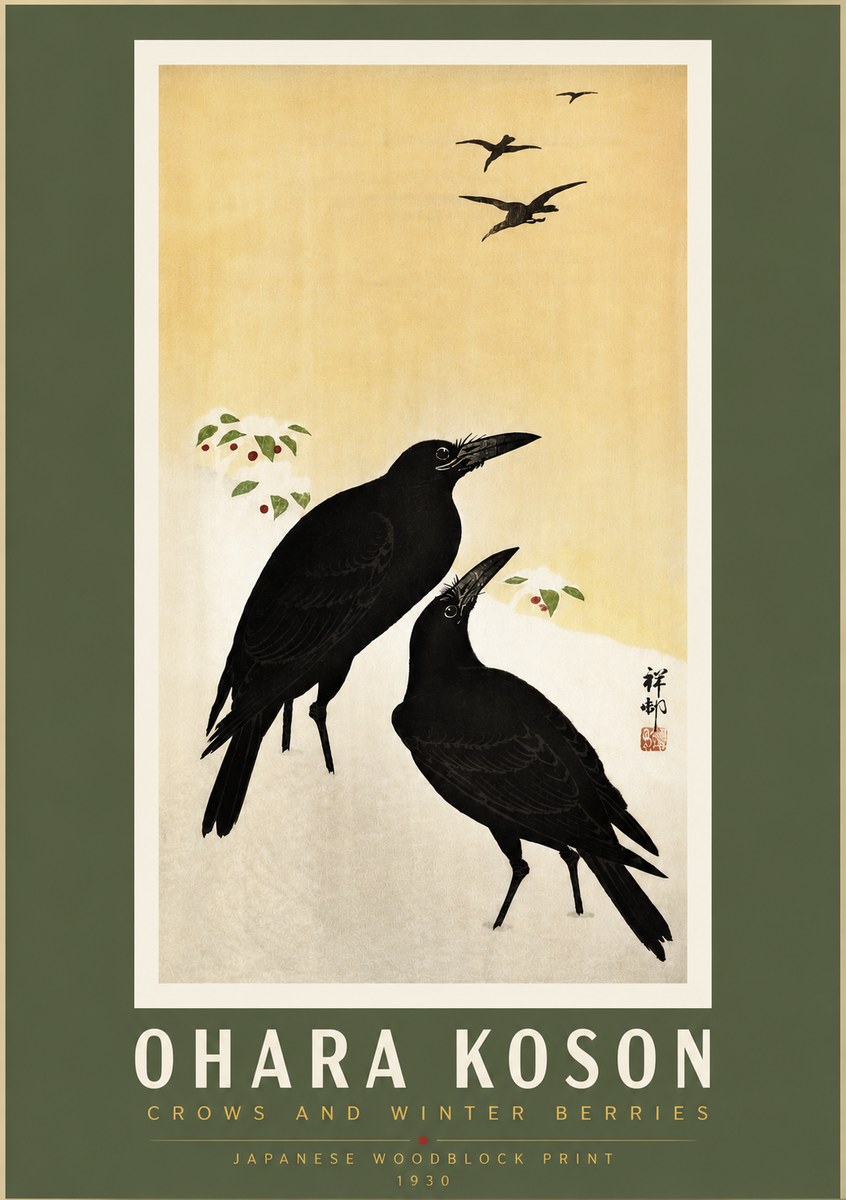 Ohara Koson Crows and Winter Berries No5 - Poszter