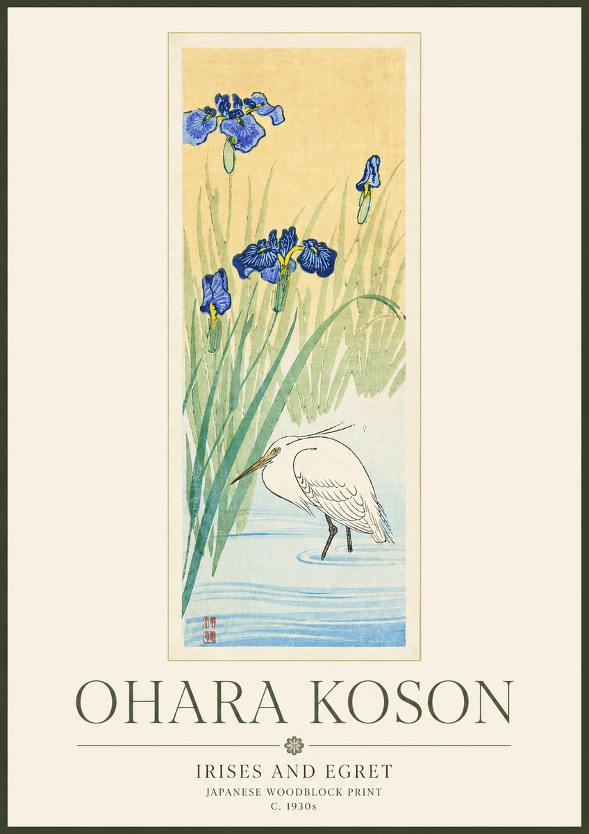Ohara Koson Irises and Egret No3 - Poszter